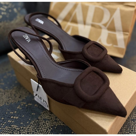 ZARA Dark Brown Pointed Toe Slingback Heels NWT Size 6.5 - Picture 15 of 16